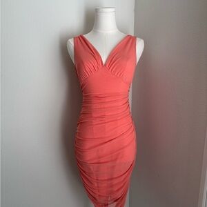bebe Coral Ruched Midi Dress